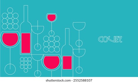 Una elegante disposición de copas de vino y botellas con llamativos reflejos rojos sobre un fondo azul. Ideal para Anuncios y diseños promocionales.