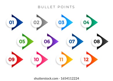 stylish arrow bullet points numbers from one to twelve