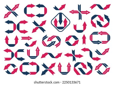 Stylish arrow logos and icons symbols vector big collection, red and black double color graphic design elements collection, cursors and direction signs, loop refresh and joint arrows.