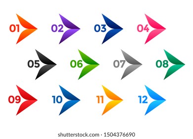 stylish arrow number bullet points from one to twelve