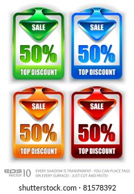 Stylish arrow sale tag over a panel with percentage of discount for product promoti0ns. It has transparent shadows. You can place it on every surface!
