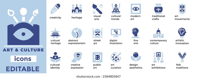 
Stylish Art and Culture vector sets editable icons for heritage, creativity, museums, and events. Perfect for designers