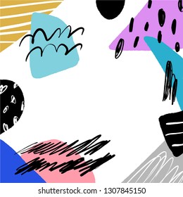 Stylish art frame with different textures and shapes, 90-s style. Paper cut. Collage, hand drawn brush textures. Good for web, poscards, posters, invitations, brochures templates and covers