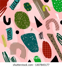 Stylish art poster with different textures and shapes. Paper cut. Collage, hand drawn brush textures. Good for web, poscards, posters, invitations, brochures templates and covers
