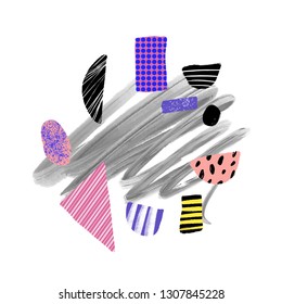 Stylish art poster with different textures and shapes. Paper cut. Collage, hand drawn brush textures, 90-s style. Good for web, poscards, posters, invitations, brochures templates and covers
