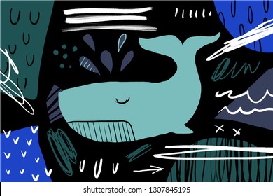 Stylish art poster with whale, different textures and shapes. Paper cut. Collage, hand drawn brush textures. Good for web, poscards, posters, invitations, brochures templates and covers