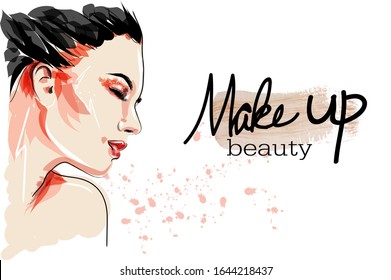 Stylish art sketch.  Hand drawn glamour young woman face makeup with beautiful eyes vector. Beautiful face. Fashion makeup. The concept of personal care.