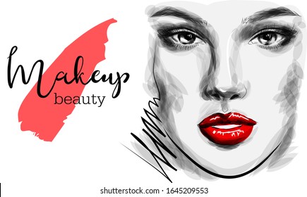 Stylish art sketch. Hand drawn glamour young woman face makeup with beautiful eyes vector. Black-white shadows on the face, and red lips. Illustration In black and white red colors.