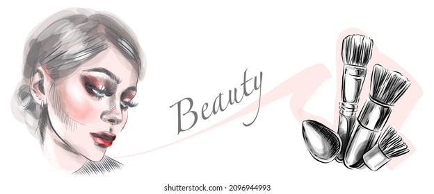 Stylish art sketch. Hand drawn glamour young woman face makeup with beautiful eyes vector. fashion illustration for design. Beautiful face. Fashion makeup. The concept of personal care.