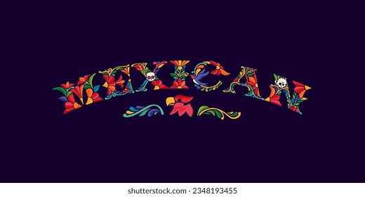 Stylish artistic Mexican decor for Mexican holidays and party. Traditional Aztec leaves and flowers embroidery ornament. Vector design template for folk Spanish food, carnival.