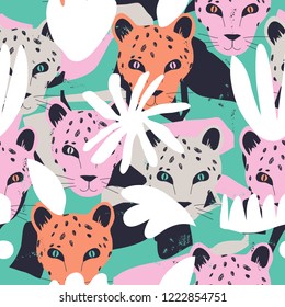 Stylish artistic pattern with leopards in jungle. Fashionable template for design. Vector EPS10.