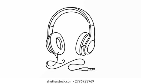 Stylish and artistic single line illustration of high-quality headphones with a coiled audio cable, perfect for professional sound and music industry visuals.