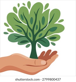 Stylish artwork of bright tree in hands emblem for nature support gardening