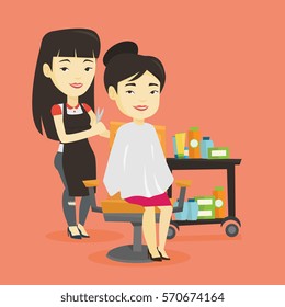 Stylish asian hairdresser cutting hair of young woman in beauty salon. Professional hairdresser making haircut to a client with scissors in beauty salon. Vector flat design illustration. Square layout