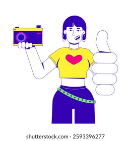 Stylish asian y2k girl holding retro camera and thumb up gesture 2D cartoon character. 2000s fashion young woman crop top isolated person flat vector on white background. Spot illustration colorful