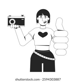 Stylish asian y2k girl holding retro camera and thumb up gesture black and white 2D line character. 2000s fashion young woman crop top isolated vector outline person. Monochromatic spot illustration