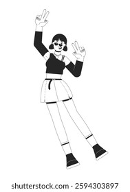 Stylish asian y2k girl with trendy accessories making peace signs black and white 2D line character. 2000s woman with nails painted isolated vector outline person. Monochromatic spot illustration