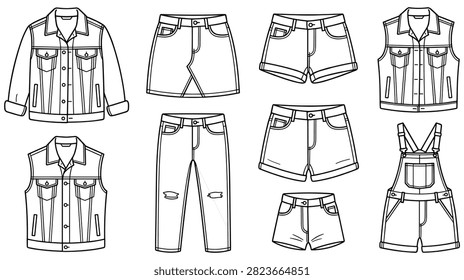 Stylish assortment of denim apparel features jackets, vests, skirts, distressed jeans, and various styles of shorts, perfect for casual wear.