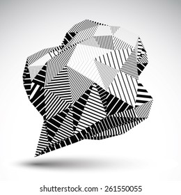 Stylish asymmetric contrast figure with parallel lines. Striped monochrome misshapen abstract vector object constructed from graffiti triangles. 