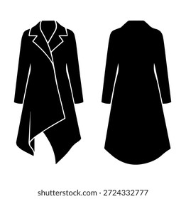 Elegante abrigo de abrigo asimétrico con frente drapeado y Ilustración vectorial de silueta de conjunto de vista trasera mínima para ropa de moda femenina contemporánea