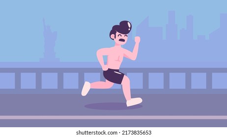 Stylish Athletic Man Running With New York Background Scenery Vintage Illustration Flat Design