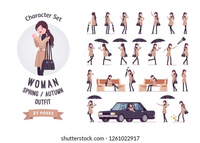 Stylish attractive woman with umbrella, wearing autumn, spring clothes, classic coat, accessories ready-to-use character set. Female fall outfits. Full length, different views, gestures, emotions