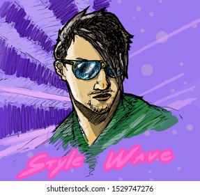 Stylish authentic vector portrait of 80s retrowave handsome man in sunglasses