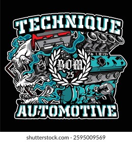 Stylish automotive engineering logo, designed for apparel, featuring sleek lines and modern, dynamic elements