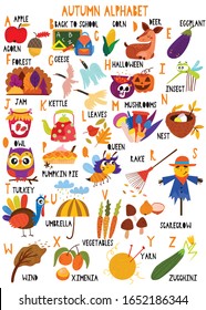 Stylish autumn alphabet in vector. Lovely animals and items. Best abc-poster in a colorful style for children education and language study.