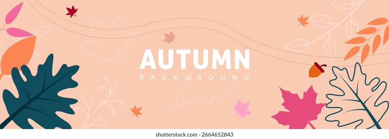 Stylish autumn background featuring flat design leaves, branches, and an acorn on a peach-colored backdrop. Perfect for fall-themed projects, seasonal marketing, and website design.