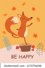 Stylish autumn card or poster with a cute fox. Funny vector illustration with text.