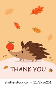 Stylish autumn card or poster with a cute hedgehog. Funny vector illustration with text.