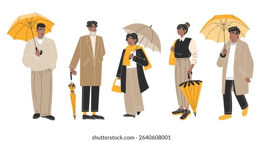 Stylish Autumn Outfits for Men and Women with Dark Skin Tones in Cosy Casual Businesswear. Full Body Fashion Illustrations