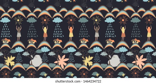 Stylish autumn seamless pattern. Tribal vector backround with rainy clouds, rainbows, girls, rainy clouds, trees, and mushrooms on dark background