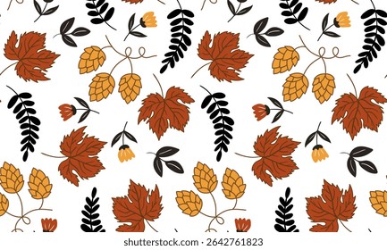 stylish autumnal background with abstract branches flowers hops leaves modern seasonal patterns for fashion home decor web design seamless pattern