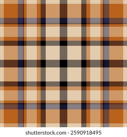 Stylish autumnal plaid pattern in warm beige, orange, and dark hues.  Perfect for fall fashion, home décor, or textile design projects.  Evokes feelings of warmth and comfort.