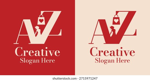 Diseño elegante del monograma de AZ con un icono del bolso de compras que presenta un corazón y una silueta elegante de la mujer. Perfecto para moda, belleza o marca minorista. Ilustración vectorial