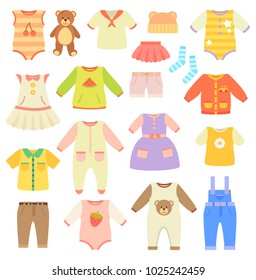 Stylish baby clothes collection for boys and girls. Outfits for newborns and toddlers. Cute dresses and comfortable crawlers vector illustrations set.