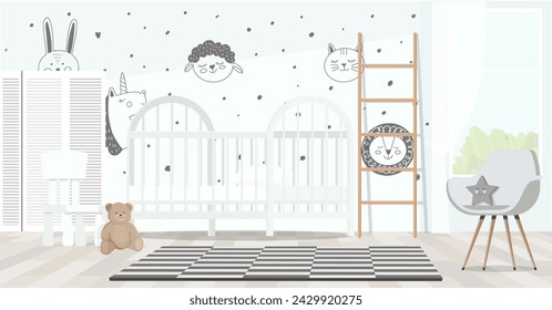 Stylish baby room interior with crib, armchair and hand drawn wallpapers