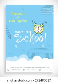 Stylish Back to School template, banner or flyer design in blue and white color.