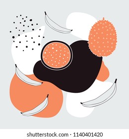 Stylish background with abstract hand drawn design elements polka dots and exotic fruits Banana Dragon fruit slice Black white grey orange colors