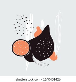 Stylish background with abstract hand drawn design elements polka dots and exotic fruits Banana Dragon fruit slice Black white grey orange colors