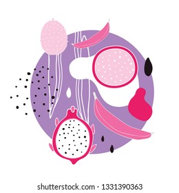 Stylish background with abstract hand drawn design elements polka dots circle lines shapes Exotic fruits Jackfruit Dragonfruit Pitahaya Banana Colorful modern unique fun objects in pink purple color