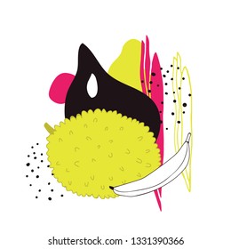 Stylish background with abstract hand drawn design elements polka dots circle lines shapes Colorful Exotic fruit Jackfruit Banana isolated on white Perfect modern unique design Yellow Pink Black color