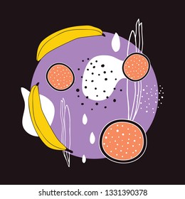 Stylish background with abstract hand drawn design elements polka dots circle lines drops shapes Exotic fruits Bananas stylized dragonfruit Contrast colors black yellow white orange Unique modern fun