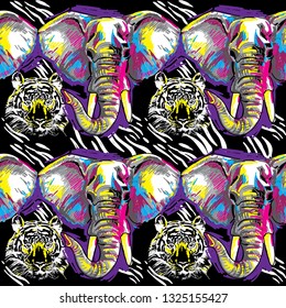 
Stylish background with animals. Seamless pattern. Elephant, tiger, zebra pattern. Figure markers. Pop Art. Bright print, colored spots. Freehand drawing. 