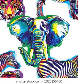 
Stylish background with animals. Seamless pattern. Elephant, tiger, zebra. Figure markers. Pop Art. Bright print, colored spots. Freehand drawing. Zebra in full growth.