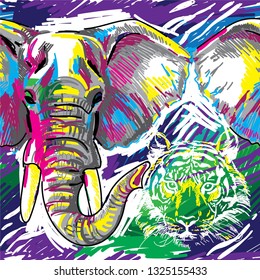 
Stylish background with animals. Seamless pattern. Elephant, tiger,.Figure markers. Pop Art. Bright print, colored spots. Freehand drawing.