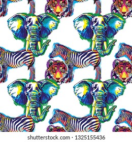 
Stylish background with animals. Seamless pattern. Elephant, tiger, zebra. Figure markers. Pop Art. Bright print, colored spots. Freehand drawing. Zebra in full growth.