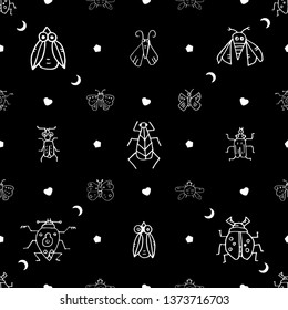Stylish background with beetles in vector. Seamless pattern on black backgraund. Can be used for wallpaper, textiles, pattern fills, web page background,surface textures.